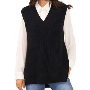 Vince Camuto Women's Shaker Vest V-Neck with High Low Hem Sweater Medium Black